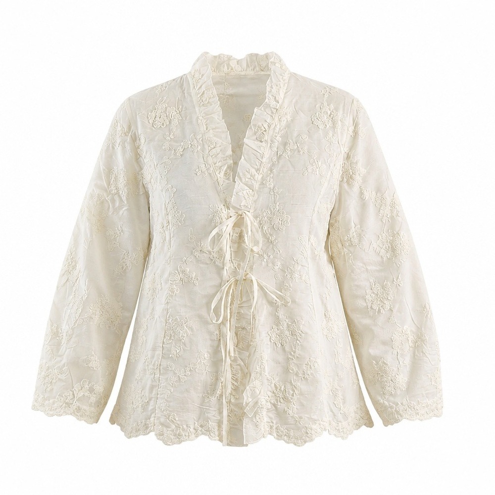 Ivory Floral Embroidered Tie Front Ruffle Blouse Scalloped Lace Trim 2X